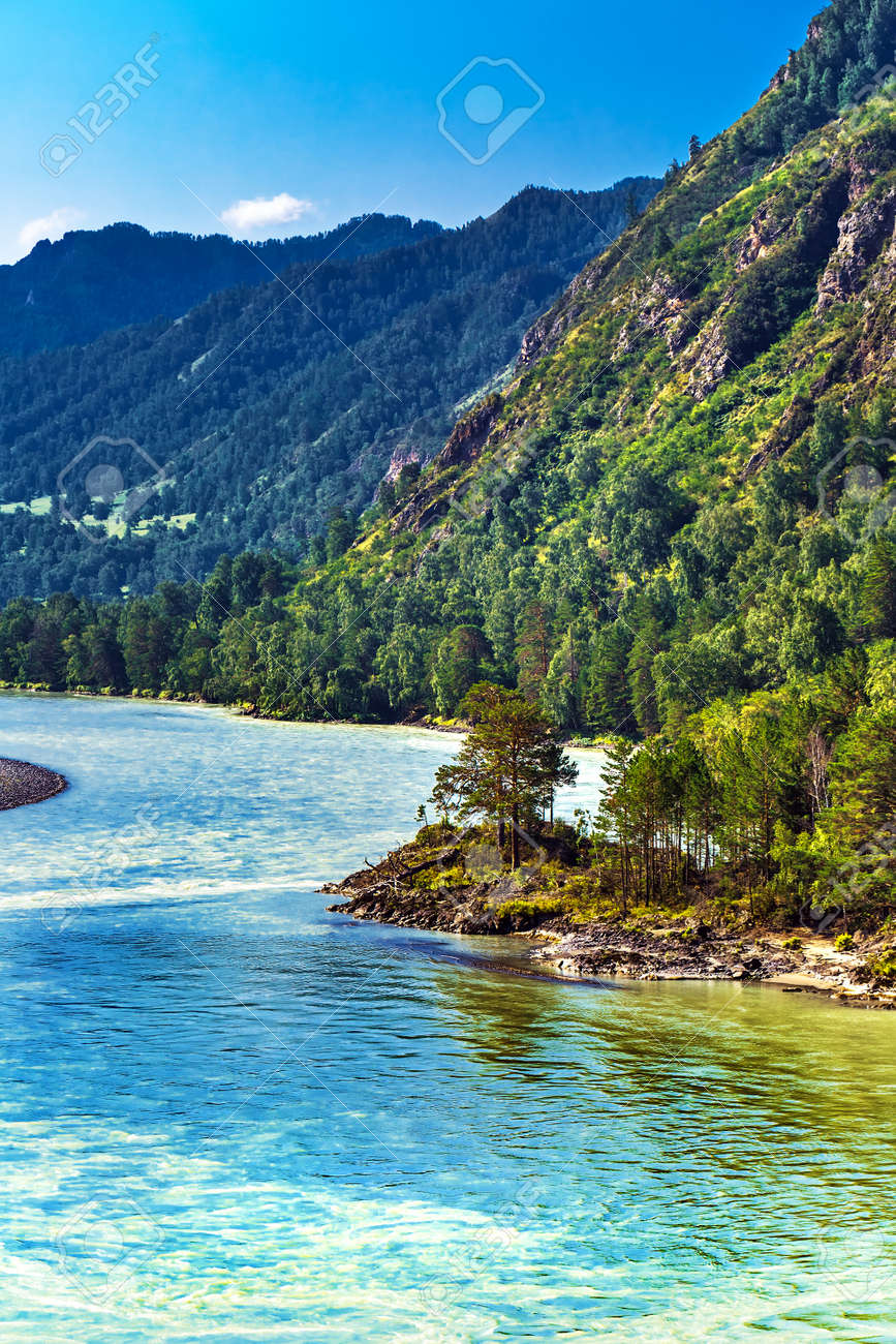 View of Katun river and mountain valley in summer. Chemalsky district, Altai Republic, southern Siberia, Russia - 129782162 View of Katun river and mountain valley in summer. Chemalsky district, Altai Republic, southern Siberia, Russia - 129782162