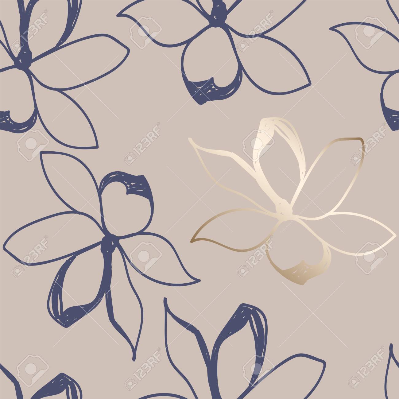 花のシームレスなパターン パステルカラーとゴールド スタイリッシュなスケッチジャスミンやマグノリアの花 ファブリック 壁紙 包装紙 表面デザイン 結婚式の招待状に最適です ベクトルイラスト のイラスト素材 ベクタ Image