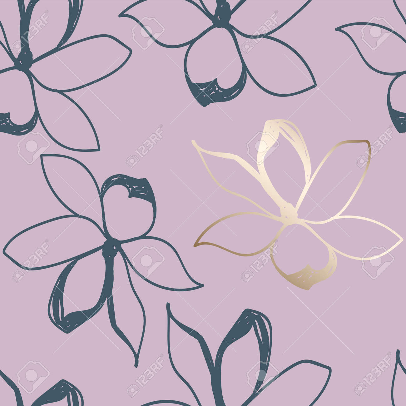 花のシームレスなパターン パステルカラーとゴールド スタイリッシュなスケッチジャスミンやマグノリアの花 ファブリック 壁紙 包装紙 表面デザイン 結婚式の招待状に最適です ベクトルイラスト のイラスト素材 ベクタ Image