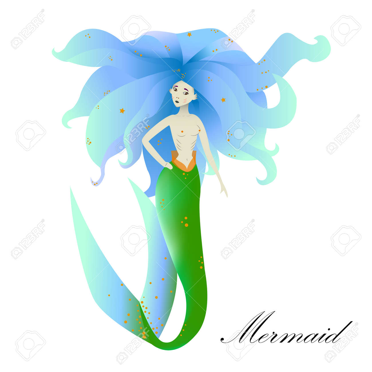 白い背景に青い髪を持つ人魚 緑豊かな髪を持つ幻想的な女の子 のイラスト素材 ベクタ Image