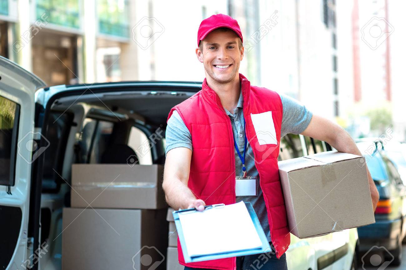 Colorful picture of courier delivers package. Courier giving the dokument for sign. - 44007121 Colorful picture of courier delivers package. Courier giving the dokument for sign. - 44007121