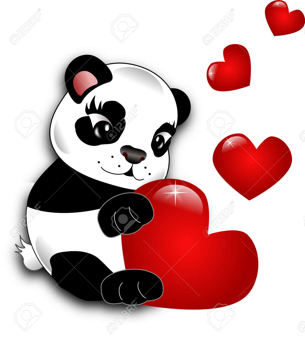 小さな心で飾られた大きな赤いハートを保持している小さなかわいいパンダ の写真素材 画像素材 Image