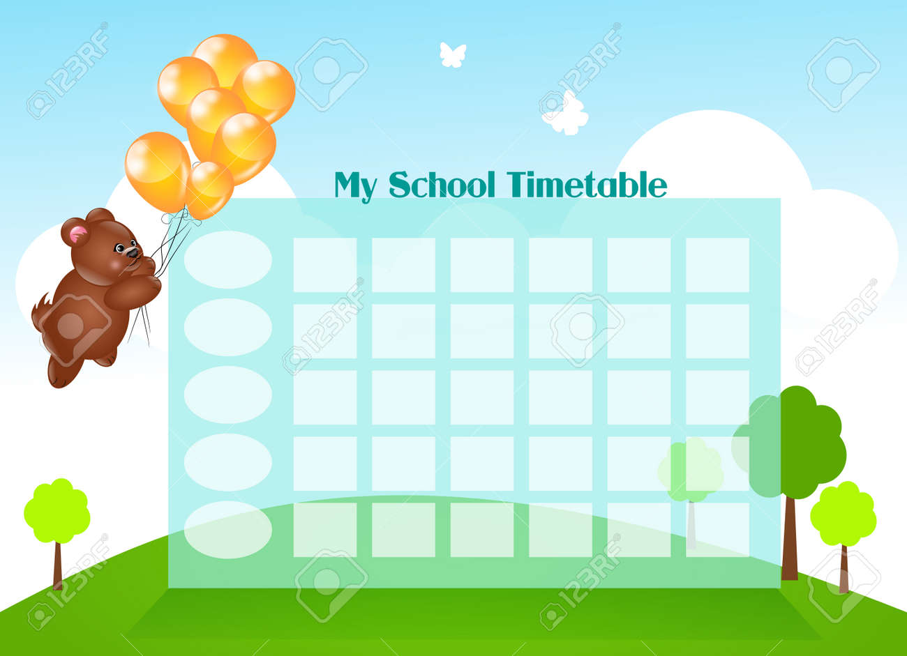 かわいい子供たち学校風船で空飛ぶクマと時刻表 の写真素材 画像素材 Image 35888917