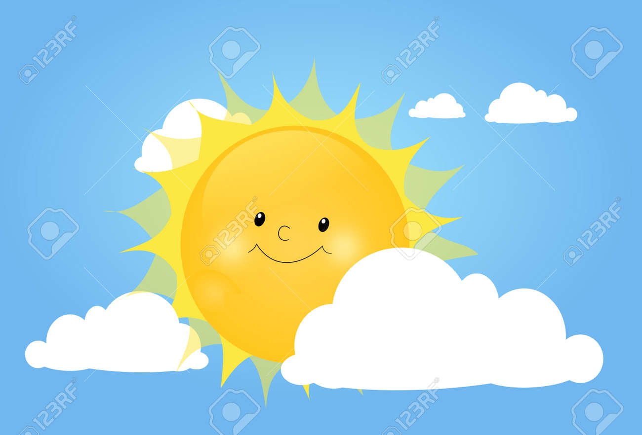 白い雲の後ろに隠れてかわいい太陽のイラスト の写真素材 画像素材 Image