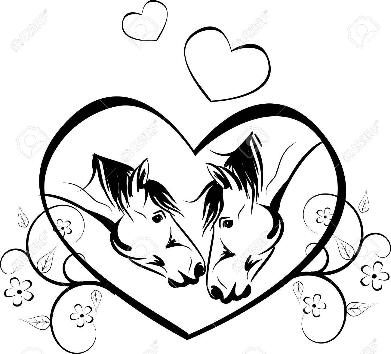 Vektor Illustration Von Zwei Pferd Einander In Grossen Herzen Kussen Mit Floralen Ornamenten Verziert Lizenzfrei Nutzbare Vektorgrafiken Clip Arts Illustrationen Image 70030965