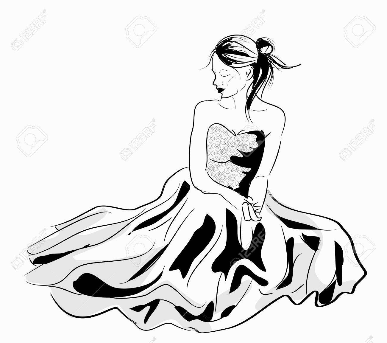 美しいドレスを着て座っていると下へ見ている若い女の子のベクトル イラスト のイラスト素材 ベクタ Image