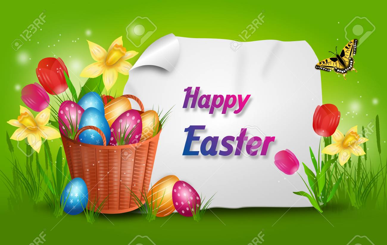 イースターの卵と花の装飾が付いているバスケットのリアルなイラスト の写真素材 画像素材 Image