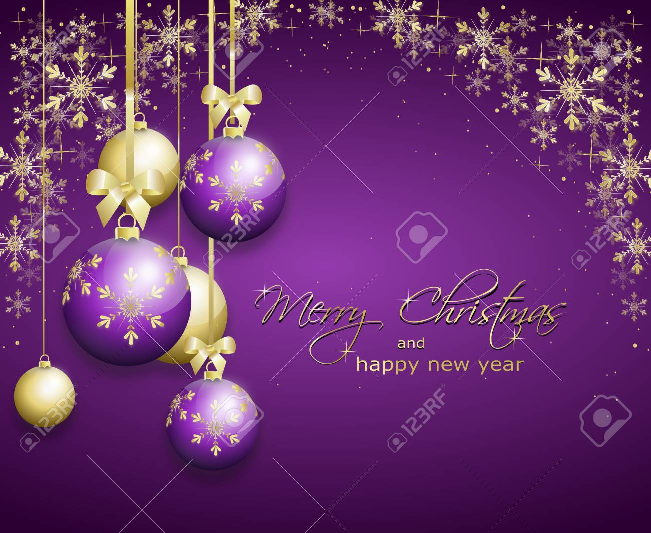 purple christmas background decorated with golden christmas bulbs
