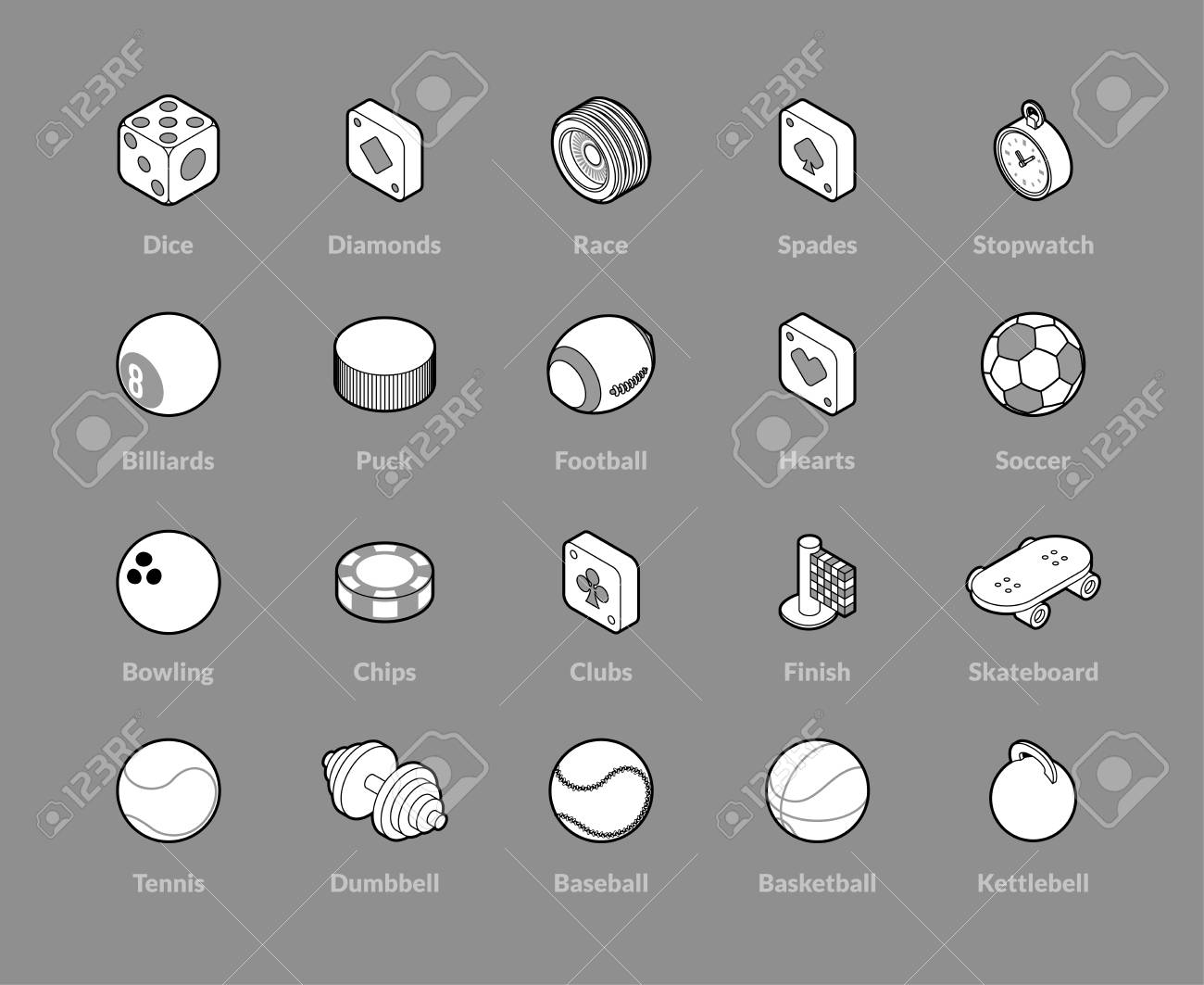 アイソメトリックアウトラインアイコン 3dピクトグラムベクトルセット スポーツとゲームシンボルコレクションのイラスト素材 ベクタ Image