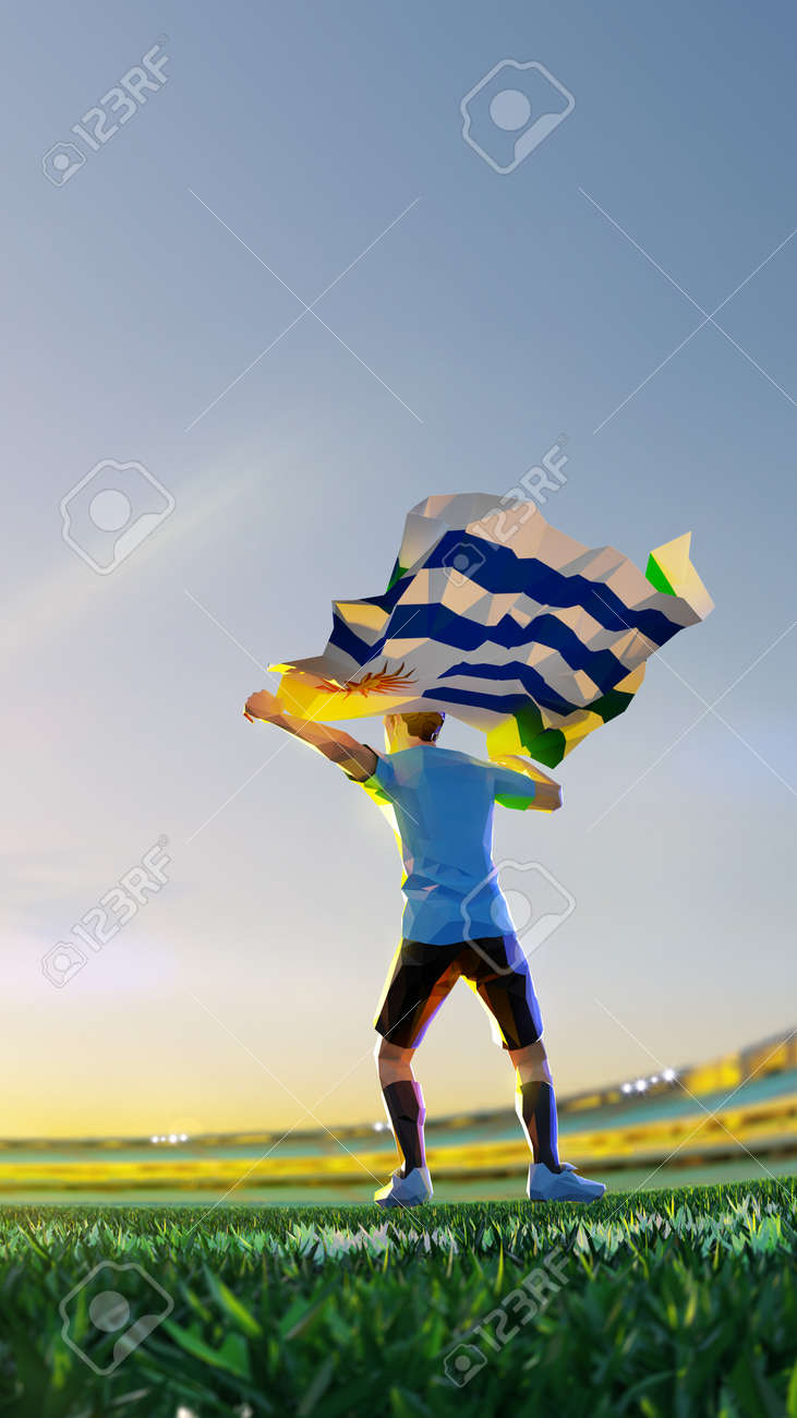 Soccer player after winner game championship hold flag of Uruguay . polygon style 3d render illustration - 156089749 Soccer player after winner game championship hold flag of Uruguay . polygon style 3d render illustration - 156089749