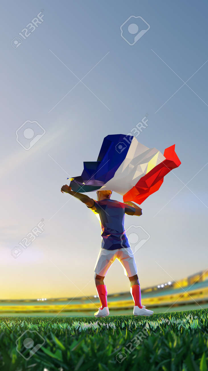 Soccer player after winner game championship hold flag of France. polygon style 3d render illustration - 156222594 Soccer player after winner game championship hold flag of France. polygon style 3d render illustration - 156222594