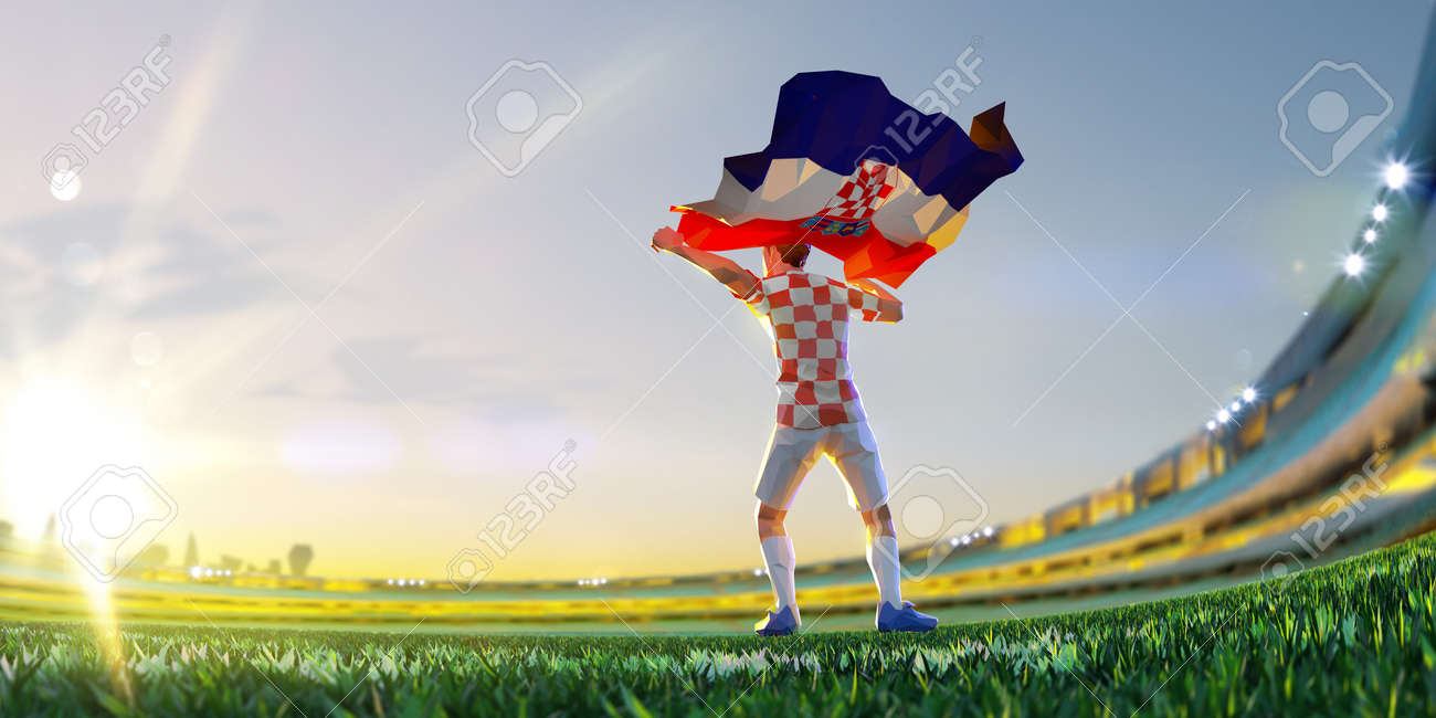 Soccer player after winner game championship hold flag of Croatia. polygon style 3d render illustration - 155945193 Soccer player after winner game championship hold flag of Croatia. polygon style 3d render illustration - 155945193