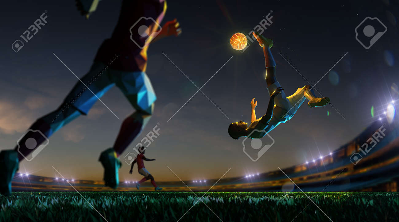 Soccer player in attack shining ball in night ground . polygon style 3d render illustration - 155945200 Soccer player in attack shining ball in night ground . polygon style 3d render illustration - 155945200