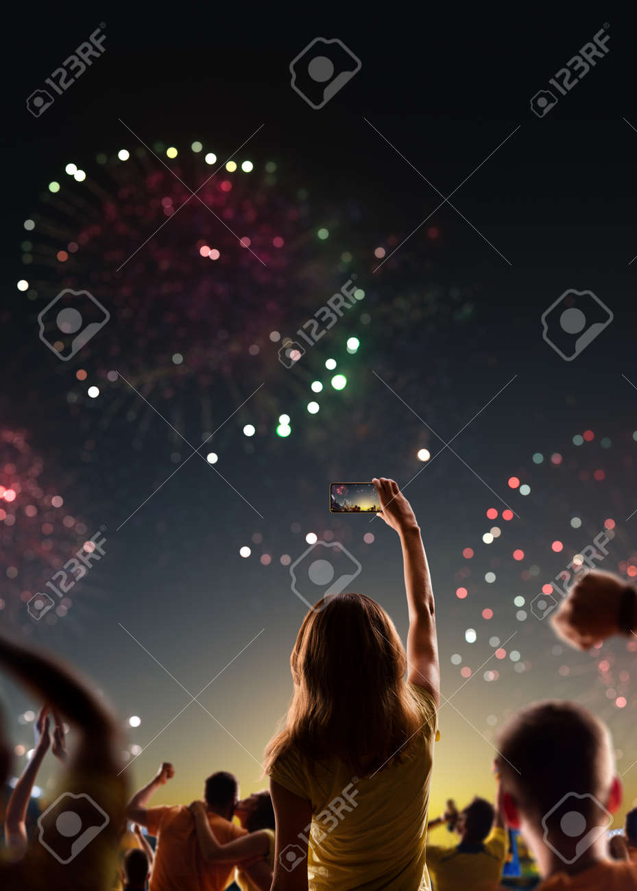 Fans celebrate in Stadium Arena night fireworks - 157292254 Fans celebrate in Stadium Arena night fireworks - 157292254
