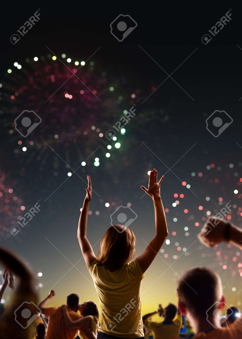 Fans celebrate in Stadium Arena night fireworks - 157291882 Fans celebrate in Stadium Arena night fireworks - 157291882