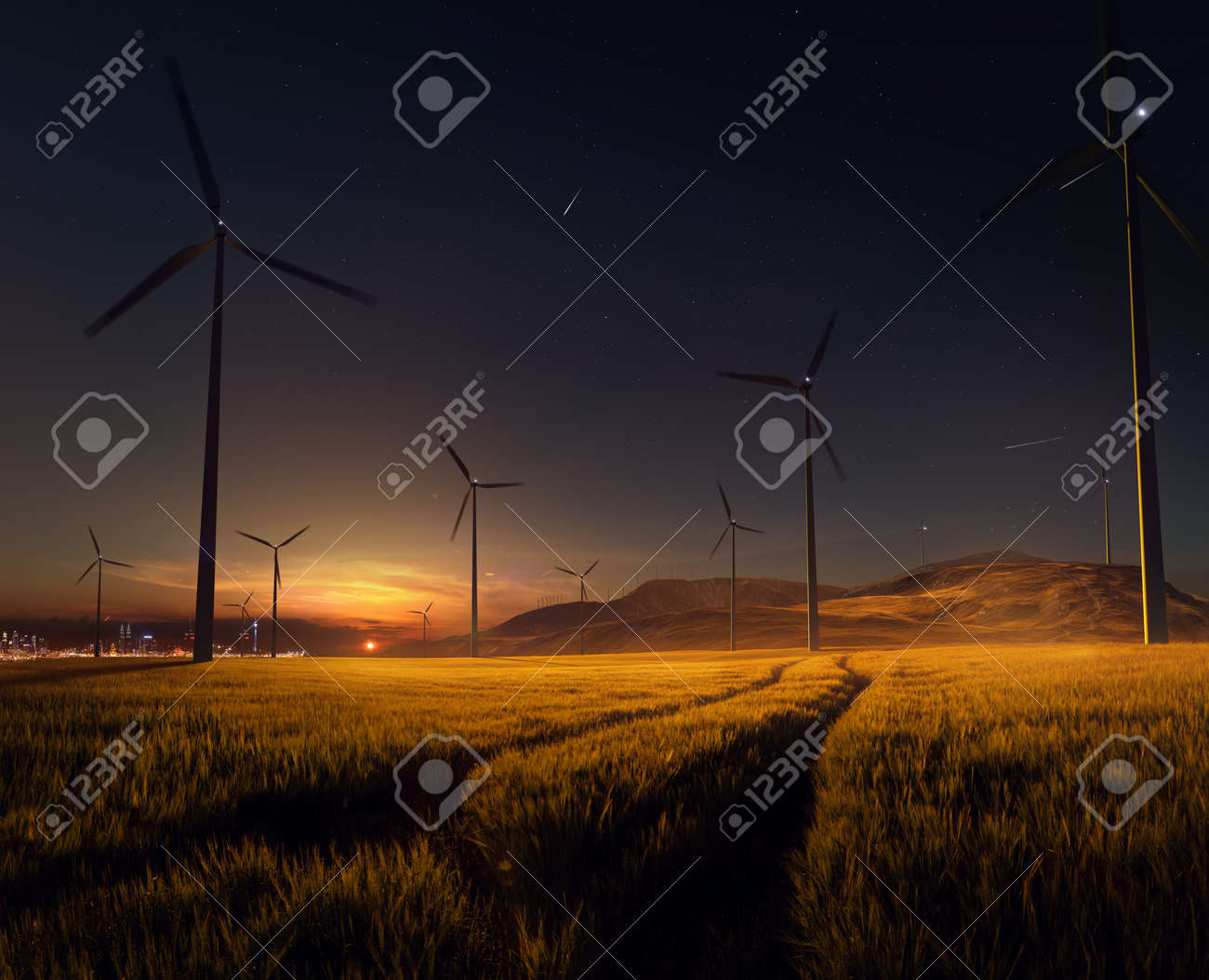 Beautiful sunset field with wind mill generators. big city in background - 158478009 Beautiful sunset field with wind mill generators. big city in background - 158478009