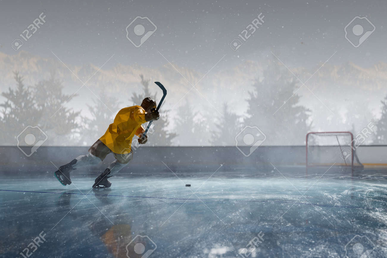 hockey player play in Ice rink arena. around forest and mountains 3d render polygon style - 158627137 hockey player play in Ice rink arena. around forest and mountains 3d render polygon style - 158627137