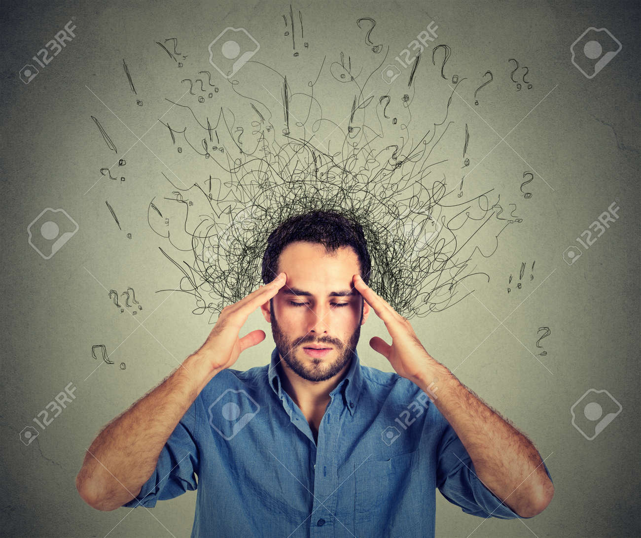 Closeup sad young man with worried stressed face expression and brain melting into lines question marks. Obsessive compulsive, adhd, anxiety disorders - 51742555 Closeup sad young man with worried stressed face expression and brain melting into lines question marks. Obsessive compulsive, adhd, anxiety disorders - 51742555