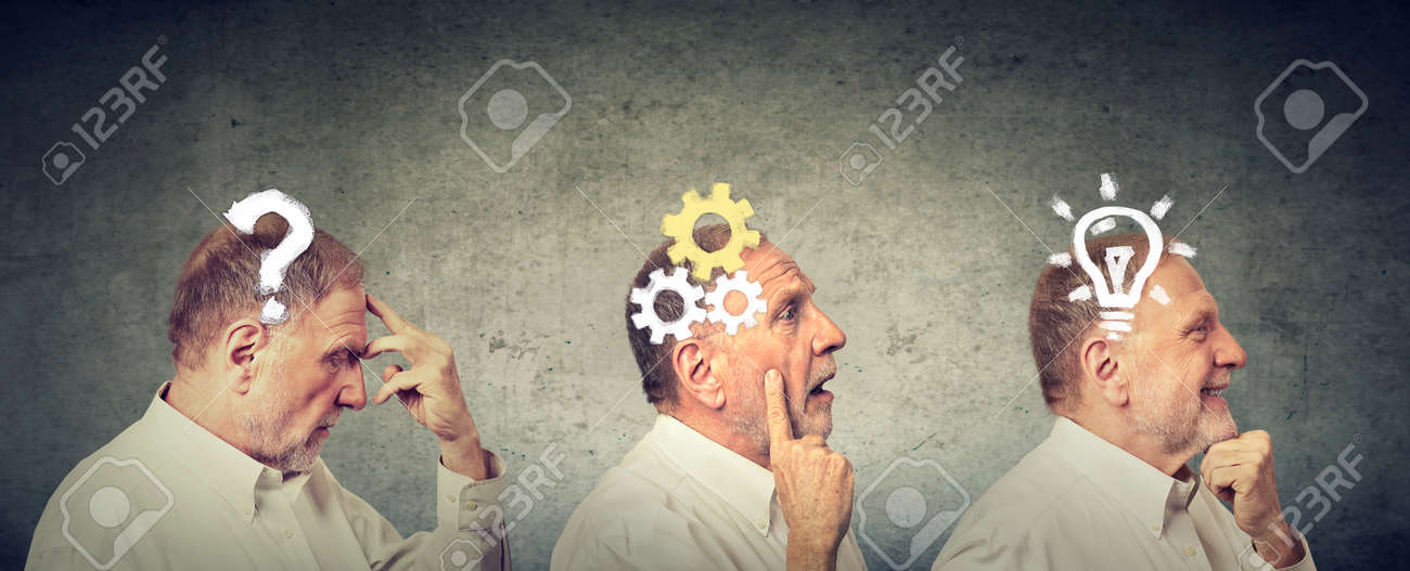 Emotional intelligence. Side view of an elderly man thoughtful, thinking, finding solution with gear mechanism, question, lightbulb symbols. Human face expression - 95480891 Emotional intelligence. Side view of an elderly man thoughtful, thinking, finding solution with gear mechanism, question, lightbulb symbols. Human face expression - 95480891