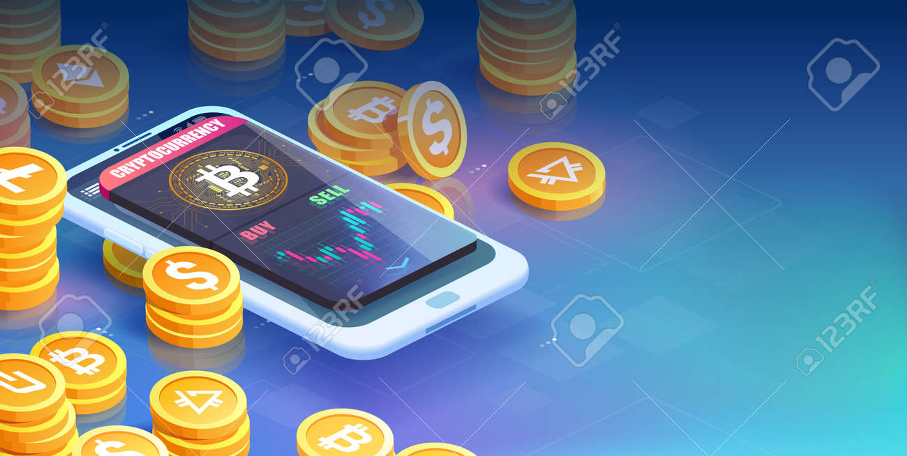 화면에 비트코인 차트가 있는 스마트폰 벡터 및 달러 및 비트 동전 암호화 통화 거래 개념 더미 사이에서 판매 버튼 구매 로열티 무료  사진, 그림, 이미지 그리고 스톡포토그래피. Image 165928995