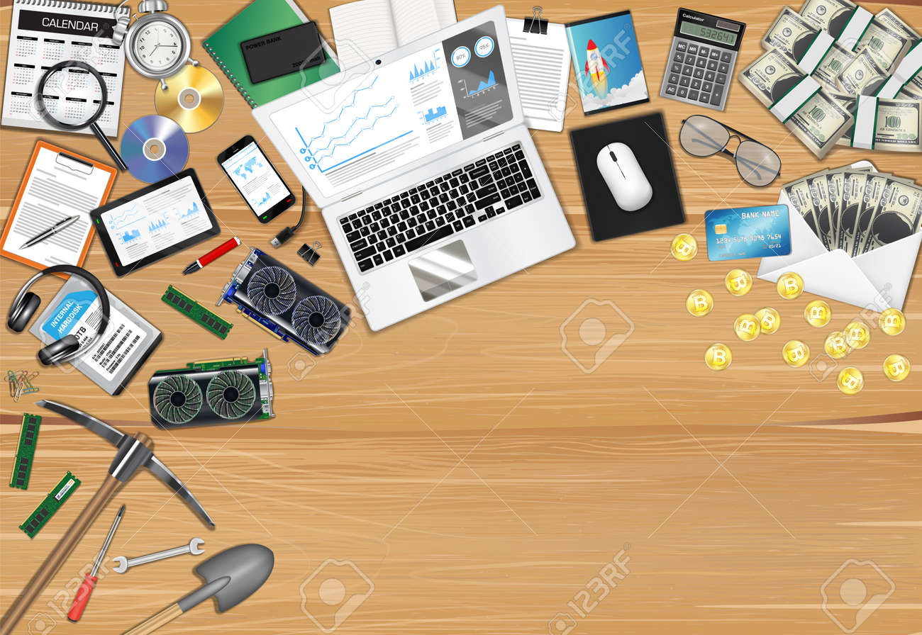 물체와 도구가있는 Bitcoin 광산 작업장 로열티 무료 사진, 그림, 이미지 그리고 스톡포토그래피. Image 86206514