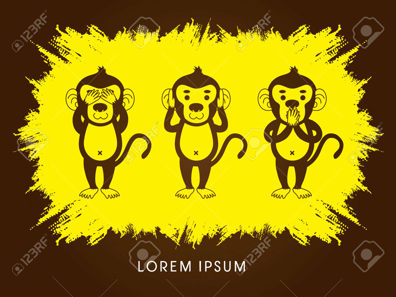 3 匹の猿 見ざる 聞かざる グランジ フレーム背景グラフィックにデザインします のイラスト素材 ベクタ Image