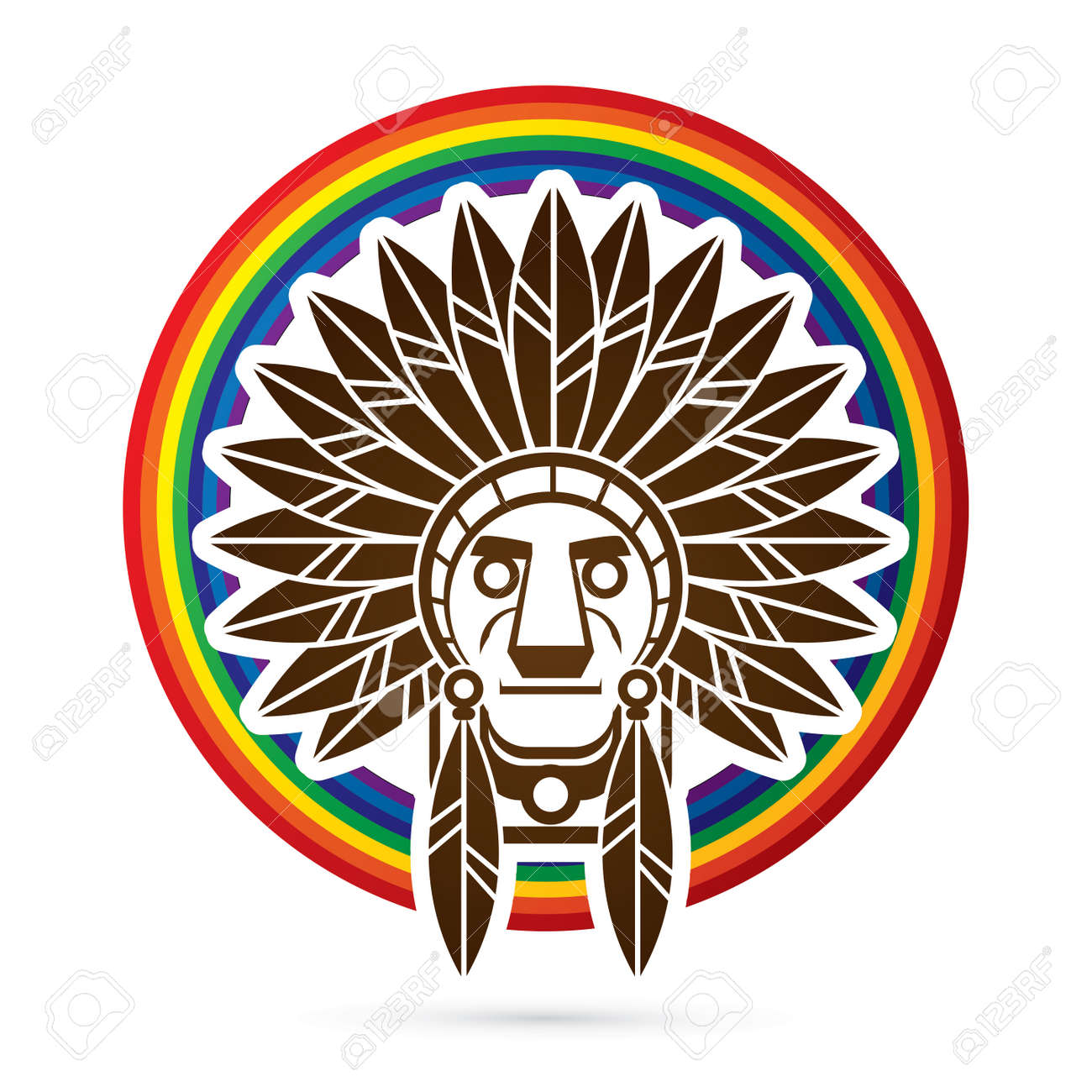 ネイティブ アメリカンのインディアンの酋長の頭は 虹背景グラフィックを設計されています のイラスト素材 ベクタ Image