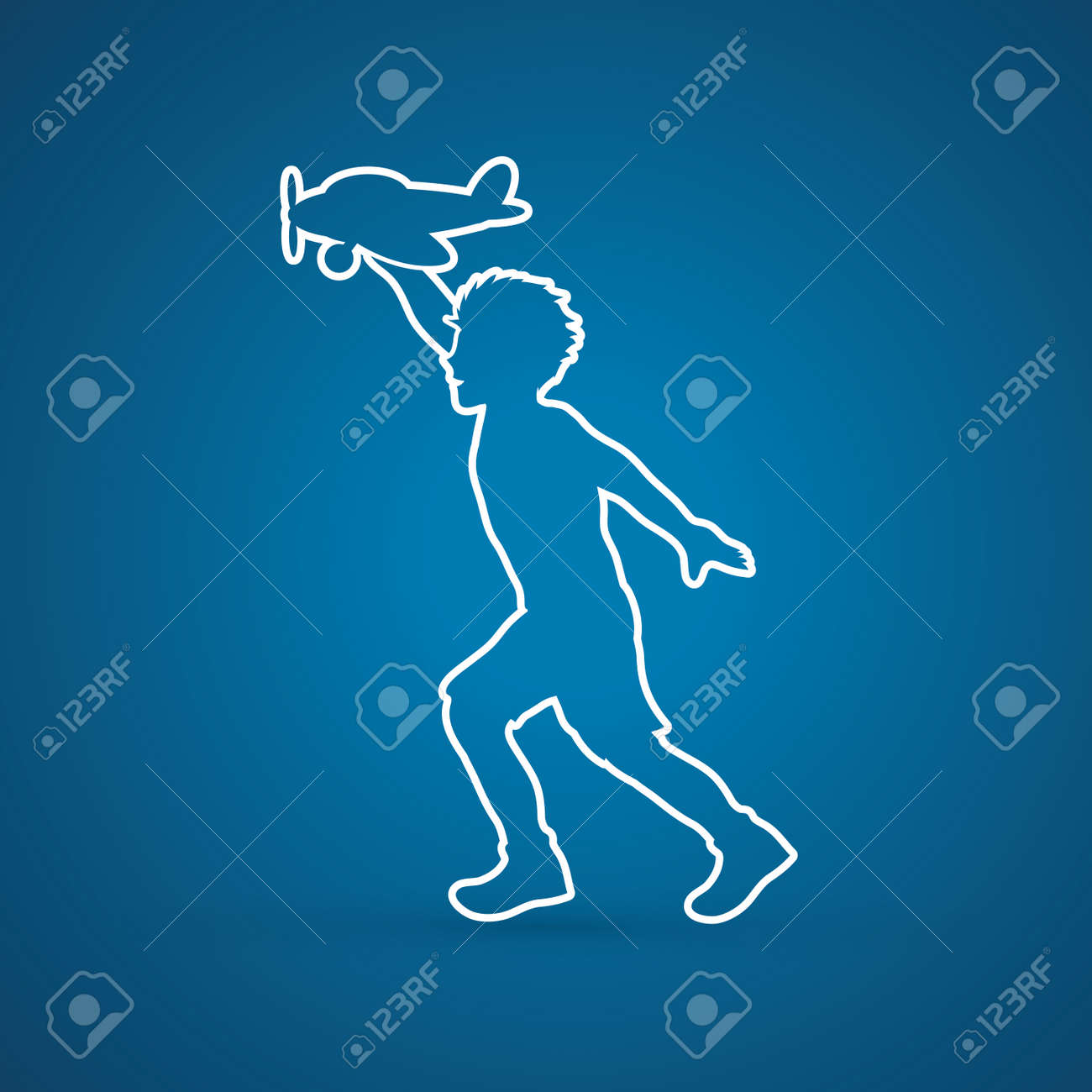 boy running with plane toy outline graphic vector royalty free cliparts vectors and stock illustration image 55540138 123rf com