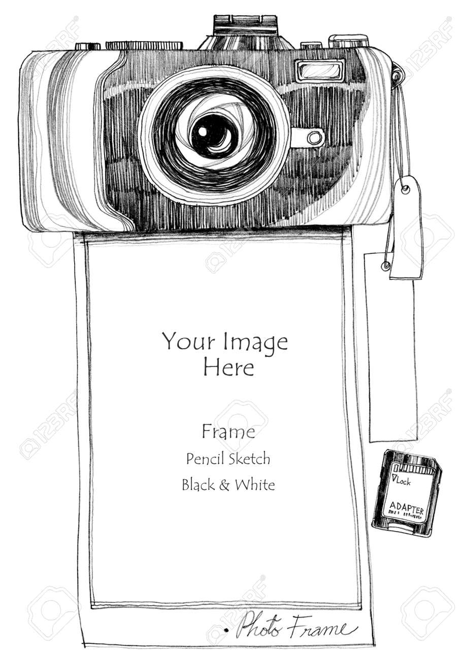フォト フレーム カメラ プリンター鉛筆フリーハンド スケッチ デザイン紙概念縫製パターン モノトーン ブラック カラー アート ライン分離バック グラウンドで上 の写真素材 画像素材 Image