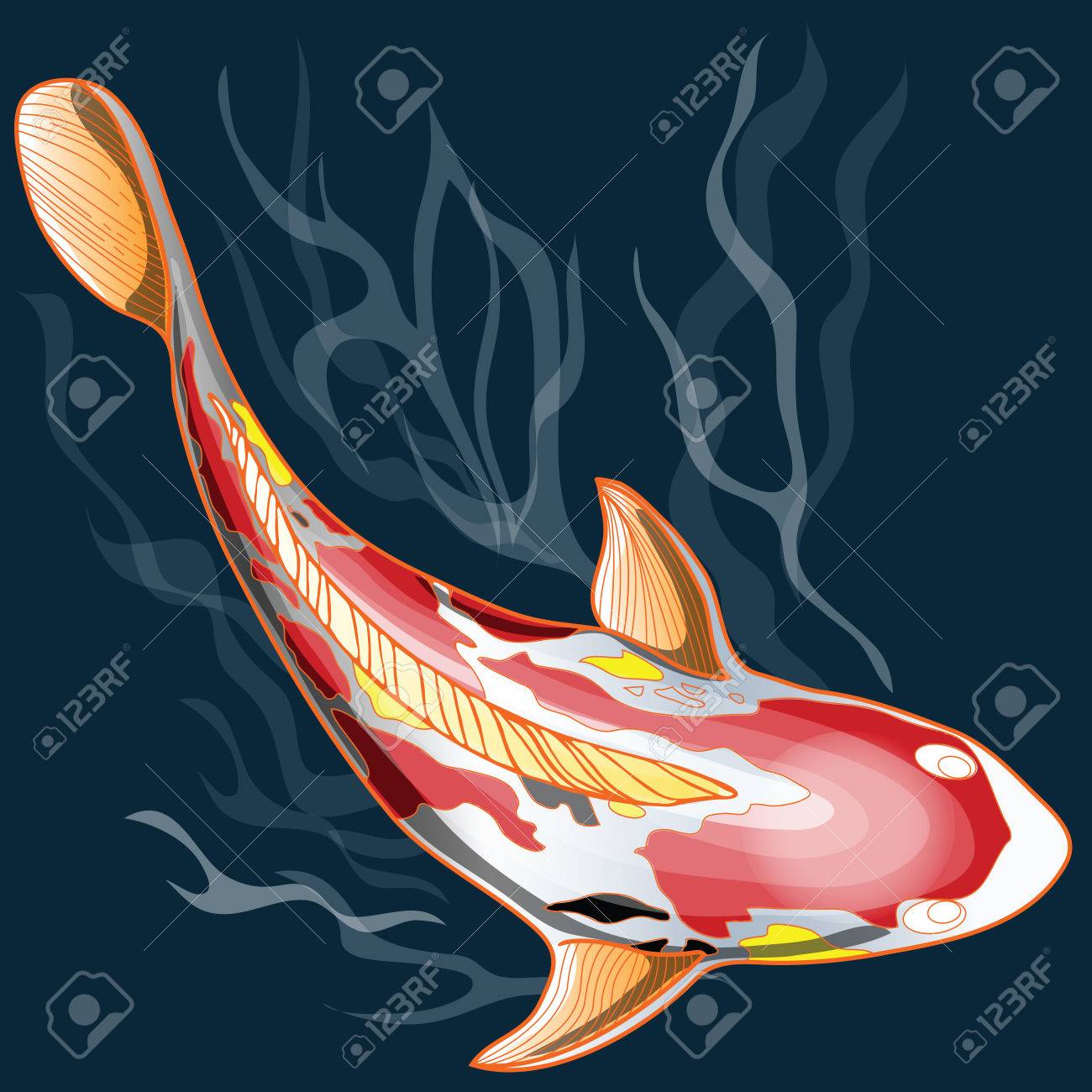 鯉魚赤黒黄色と白の色は青い水の色と白い波イラスト コンピューター素敵なグラフィック デザインで泳ぐ のイラスト素材 ベクタ Image