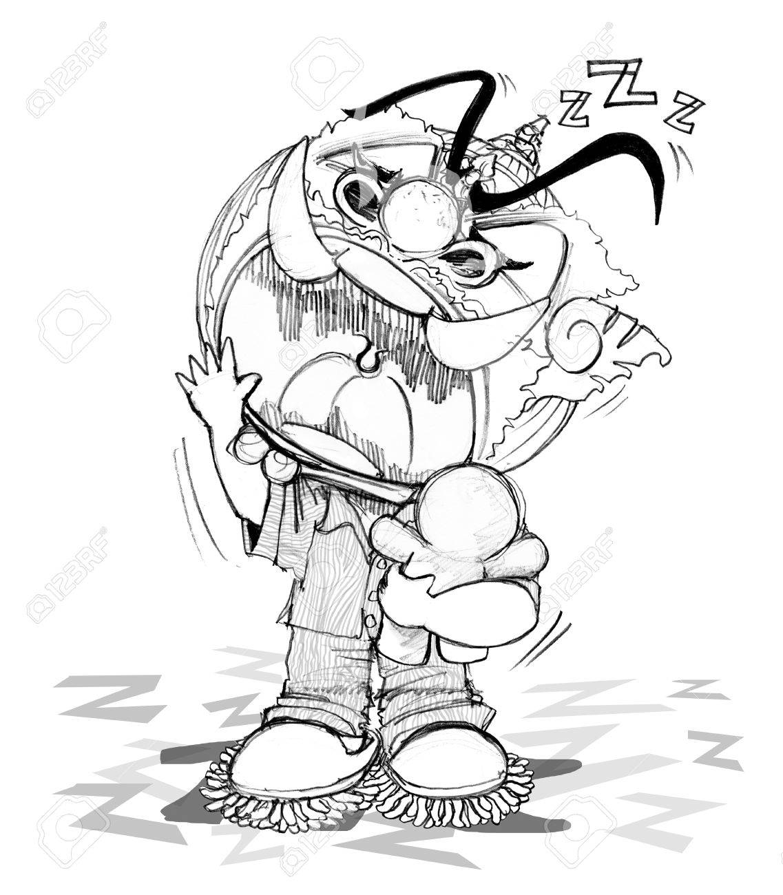 Stock photo thai giant yawn mouth he want go to sleep cartoon human cute character pencil sketch hand draw design and paint brush background isolate