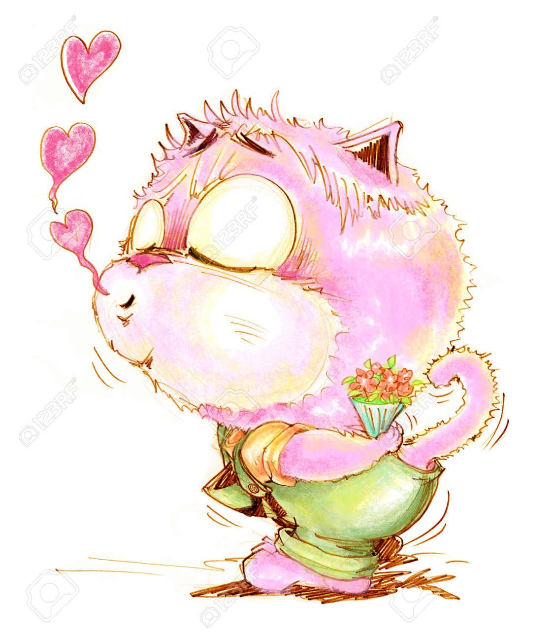 Chat Bisou Amoureux Tres Mignon Il A Des Fleurs Pour Petite Amie Et 3 En Forme De C Ur Hors De La Bouche Dessin A La Main Couleur Crayon Design Dessin Anime Banque