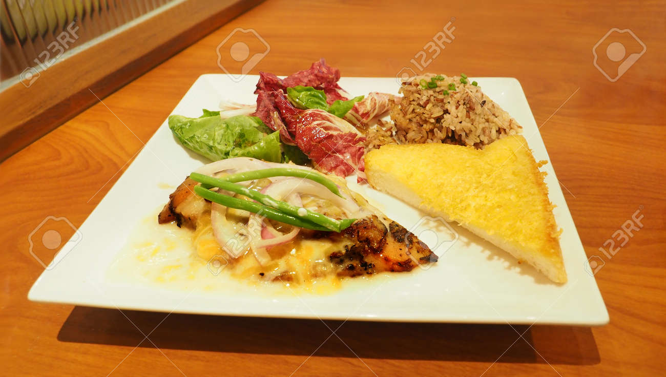Chicken Steak Grill Pour Mushroom Cream Has Green Bean Lettuce Stock Photo Picture And Royalty Free Image Image