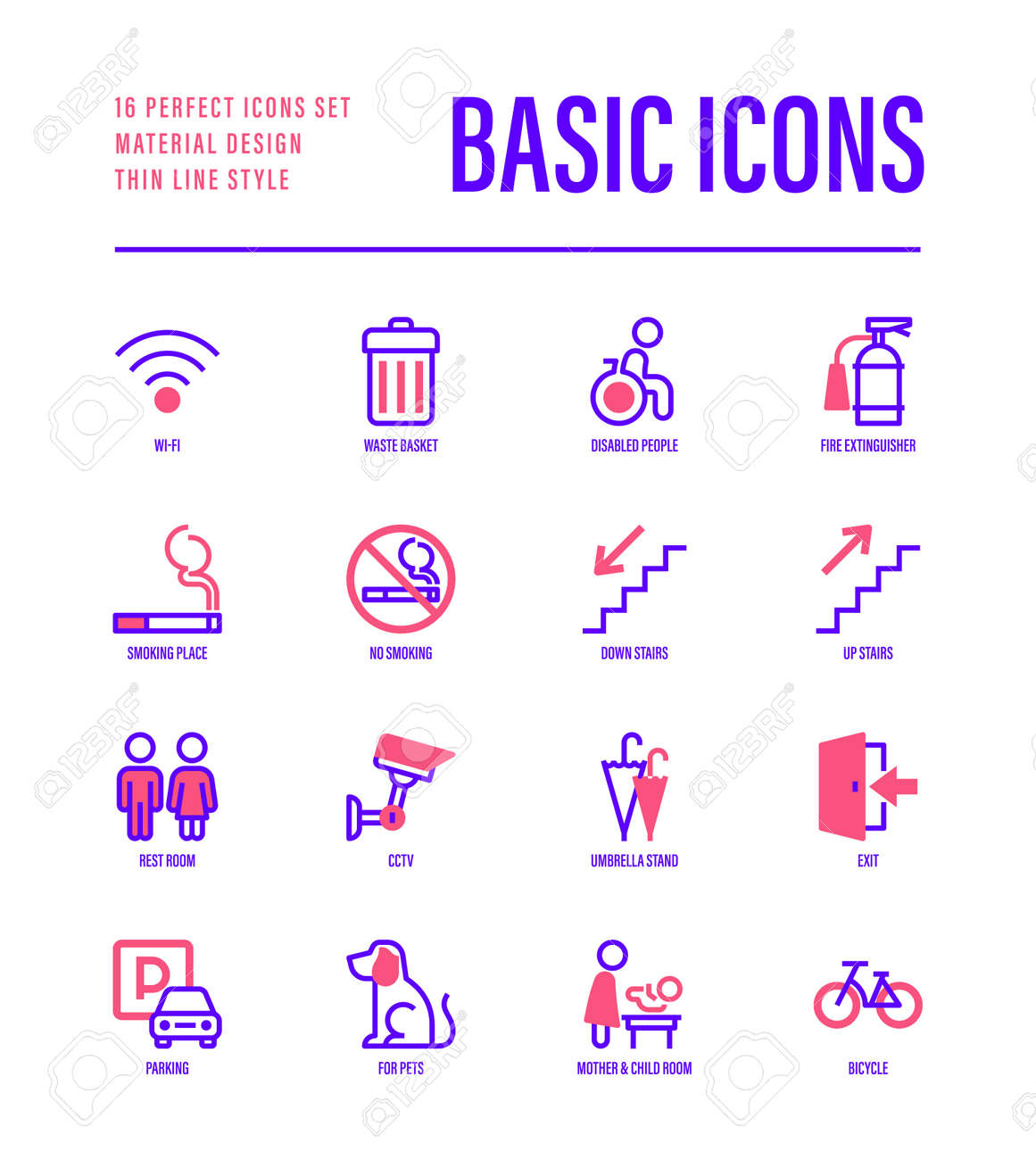 Basic public signs: wi-fi, waste basket, disabled people, fire extinguisher, smoking place, down stairs, up stairs, parking, mother and child room, bicycle. Thin line icons. Vector illustration. - 148396871 Basic public signs: wi-fi, waste basket, disabled people, fire extinguisher, smoking place, down stairs, up stairs, parking, mother and child room, bicycle. Thin line icons. Vector illustration. - 148396871