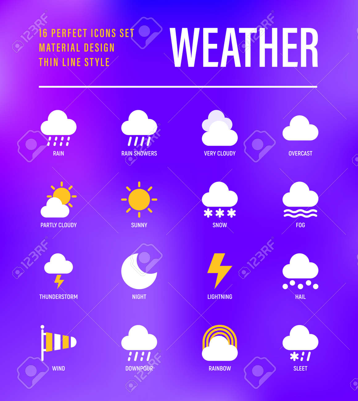Weather Flat Icons: Rain, Overcast, Partly Cloudy, Fog, Snow, Thunderstorm,  Hail, Sleet, Rainbow. Vector Illustration For Mobile App Or Widget. Royalty  Free SVG, Cliparts, Vectors, and Stock Illustration. Image 148999384., image size:1161x1300