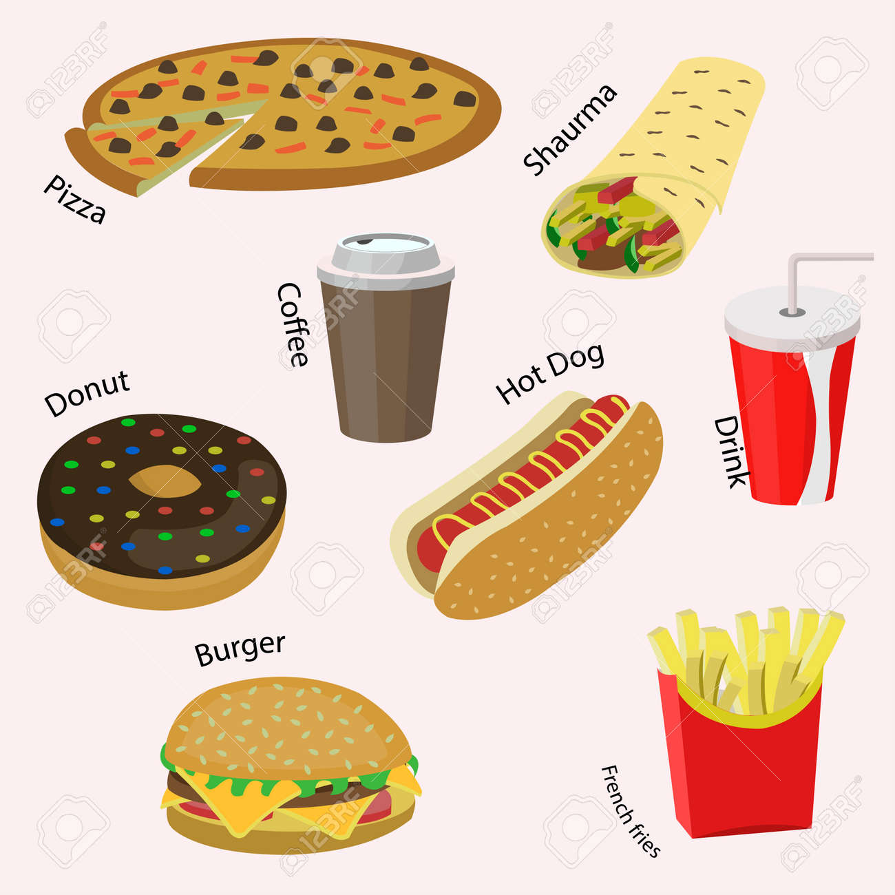 Conjunto De Coloridos Iconos De Comida Rapida De Dibujos Animados