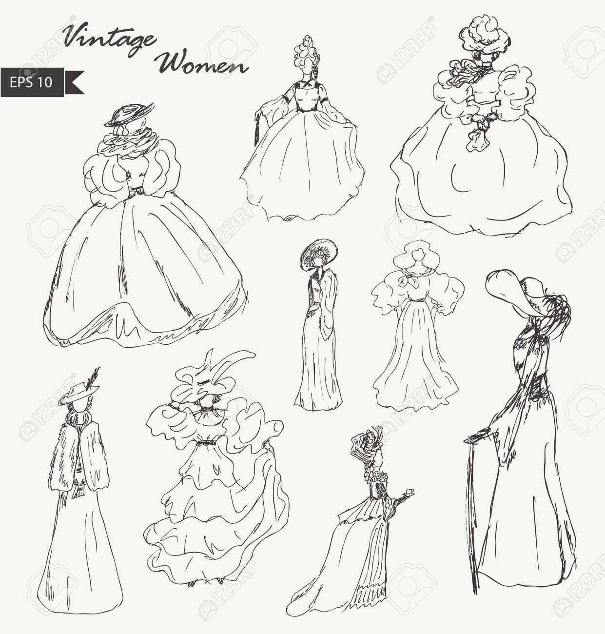 large collection of women sketches in retro historical clothes sketches clothes