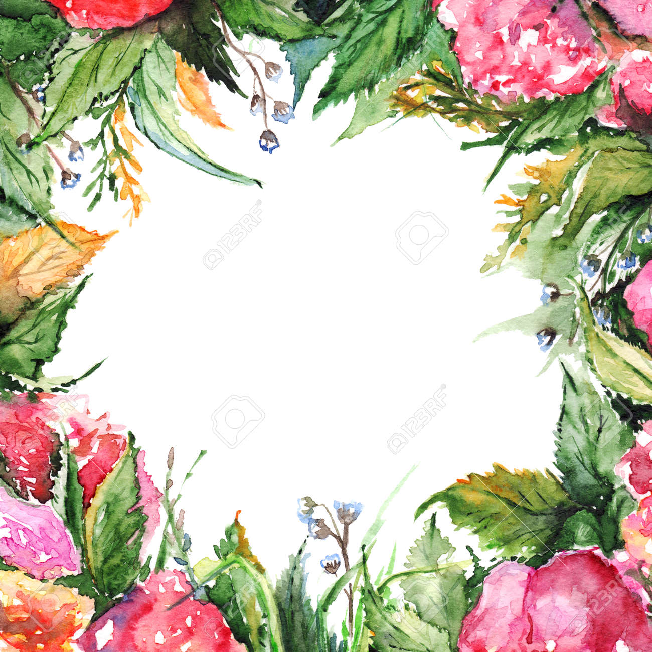 水彩花フローラル ロマンティック リース フレーム イラスト の写真素材 画像素材 Image