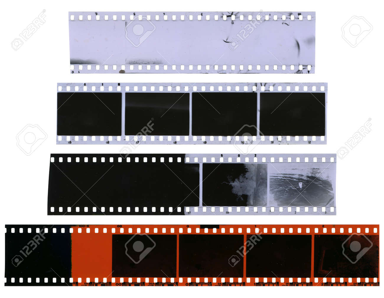 old used dusty and scratched celluloid film strips isolated film strips images