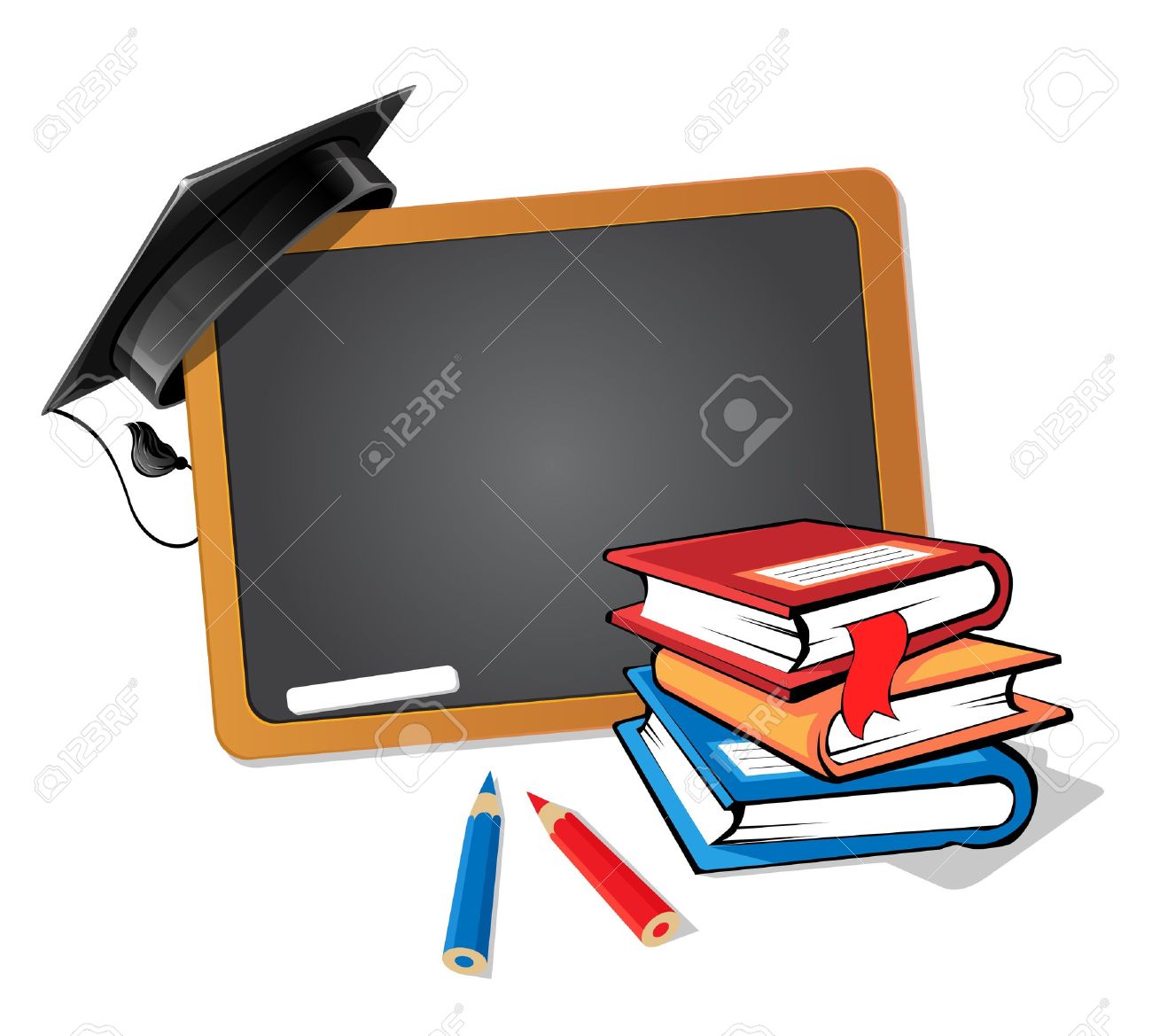 Stack of books with a blackboard and a graduation hat background - 15164146 Stack of books with a blackboard and a graduation hat background - 15164146