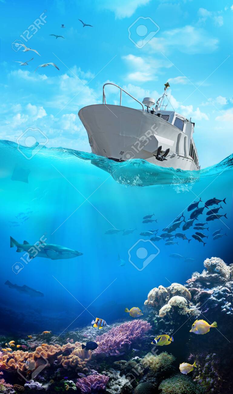 海の中の小さな漁船。サンゴ礁の水中眺め。魚の浅瀬。の写真素材