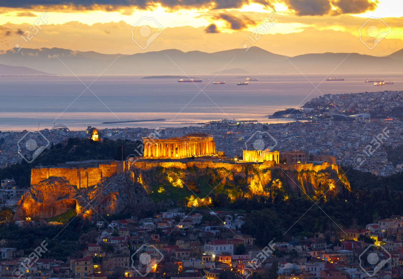 Athens, Greece. After sunset. Parthenon and Herodium construction in Acropolis Hill - 28294435 Athens, Greece. After sunset. Parthenon and Herodium construction in Acropolis Hill - 28294435