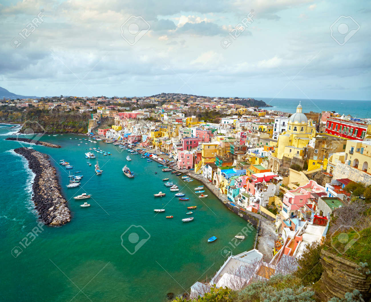 view to fishermanns village on the island procida near naples
