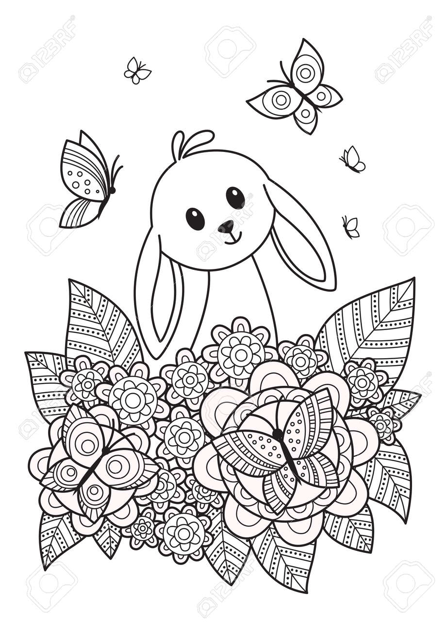 Cute Easter Bunny In Flowers Doodle Coloring Book Page. Hand - Cute Easter Bunny In Flowers Doodle Coloring Book Page. Hand