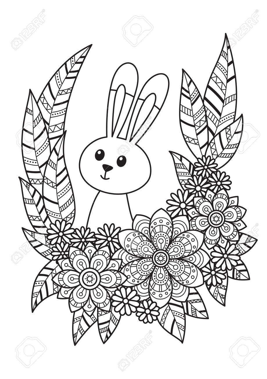 Cute Easter Bunny In Flowers Doodle Coloring Book Page. Hand - Cute Easter Bunny In Flowers Doodle Coloring Book Page. Hand