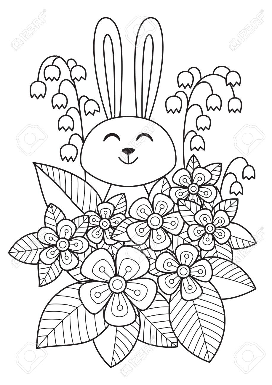 Download Cute Easter Bunny In Flowers Doodle Coloring Book Page Hand Royalty Free Cliparts Vectors And Stock Illustration Image 143111028
