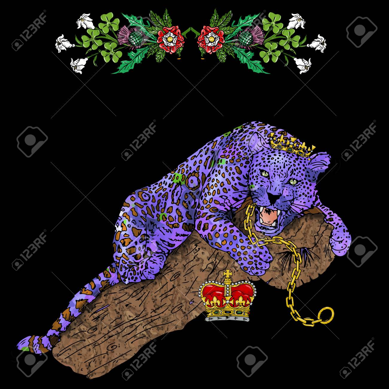 布パンサー ポップアート ヴィンテージ花輪花 カード 手紙空間絵画花 葉色 紙効果水彩 ネコ科の動物 花 戦います の写真素材 画像素材 Image