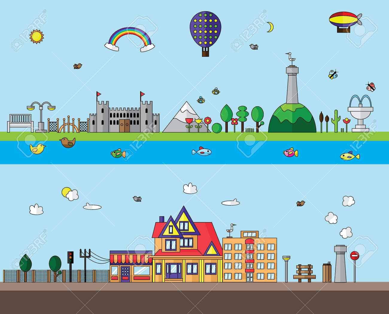 都市と村の風景ベクトル フラット デザイン イラスト のイラスト素材 ベクタ Image 都市と村の風景ベクトル フラット デザイン イラスト のイラスト素材 ベクタ Image