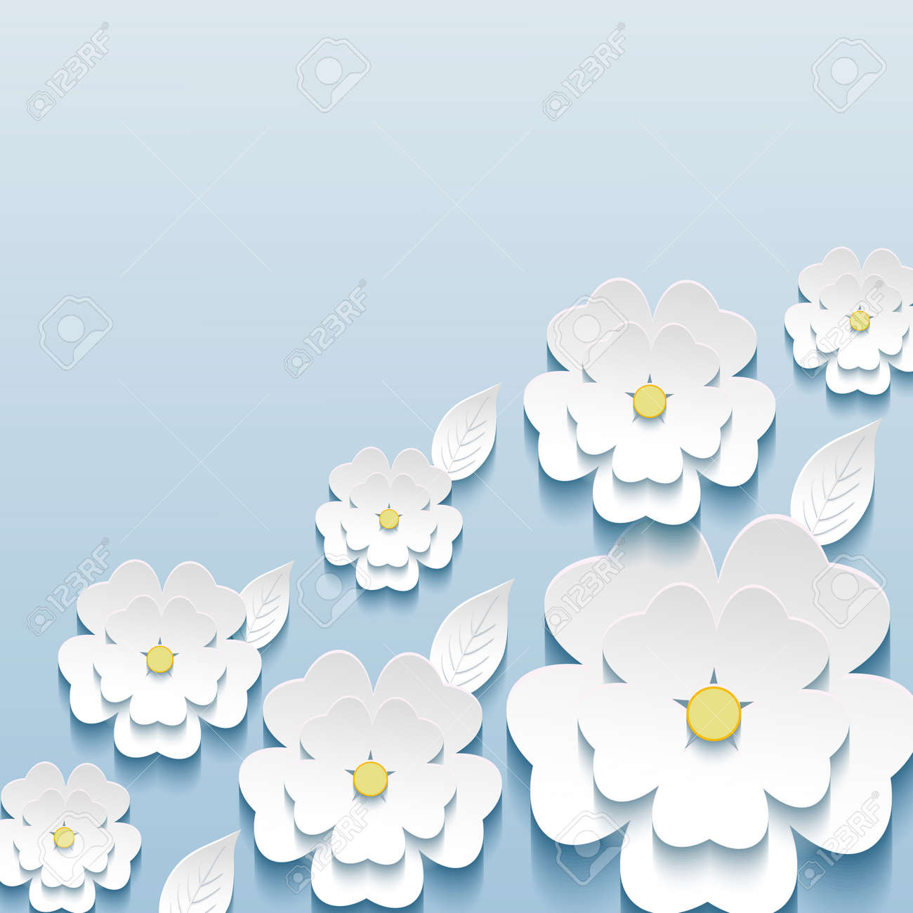 3 D と青いのトレンディな壁紙桜の花し 葉します 招待または様式化された花とグリーティング カード モダンなベクトルの背景のイラスト素材 ベクタ Image