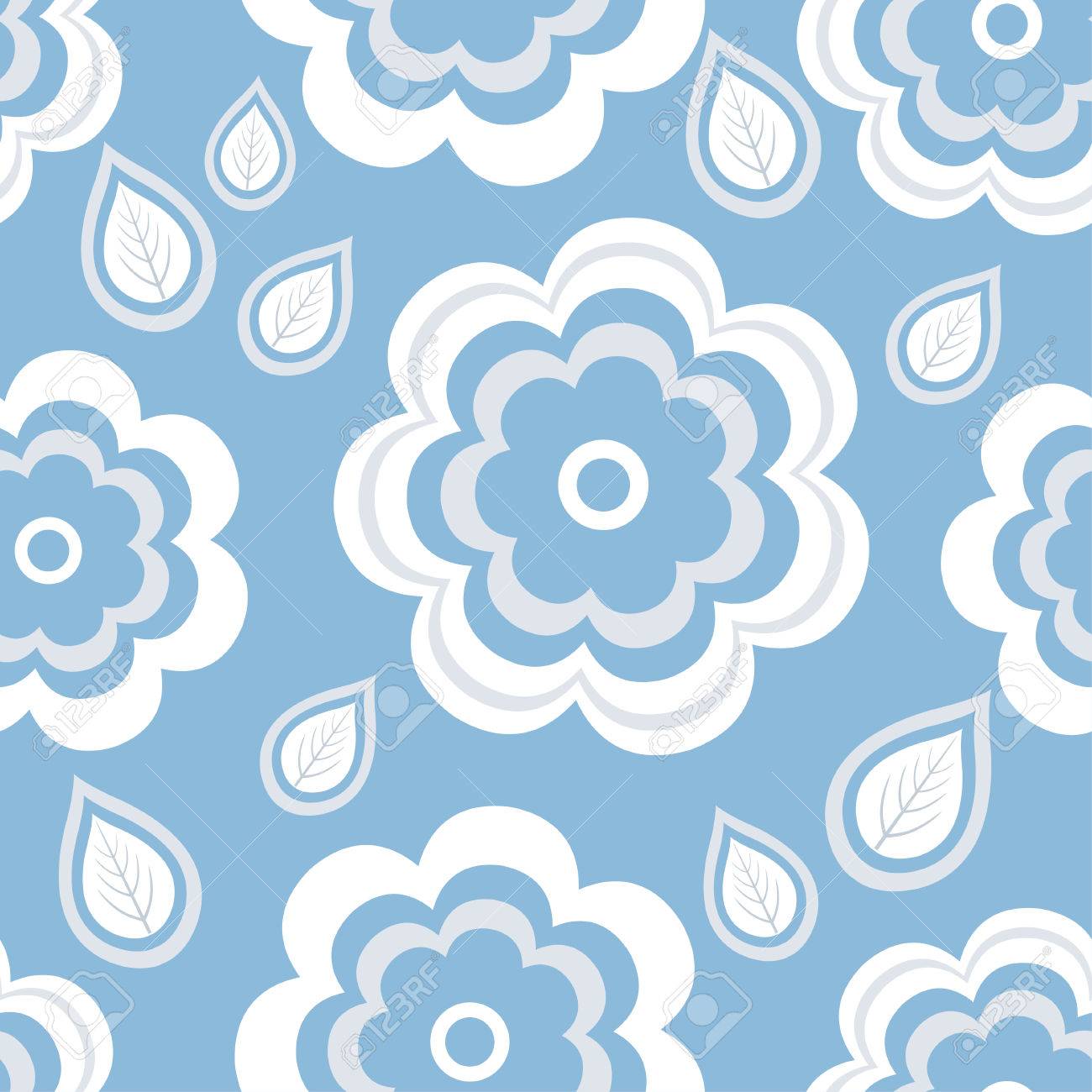 Beautiful Trendy Nature Background Seamless Pattern With Stylized Blue White Summer Flower And Leaves Floral Wallpaper